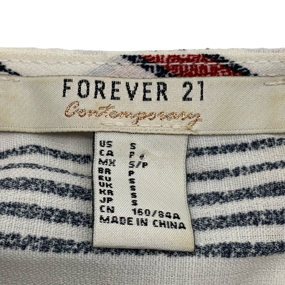 Forever 21 Contemporary Long Sleeve Pullover V-Neck Lace Up Top Cream Navy Red S - Picture 3 of 6